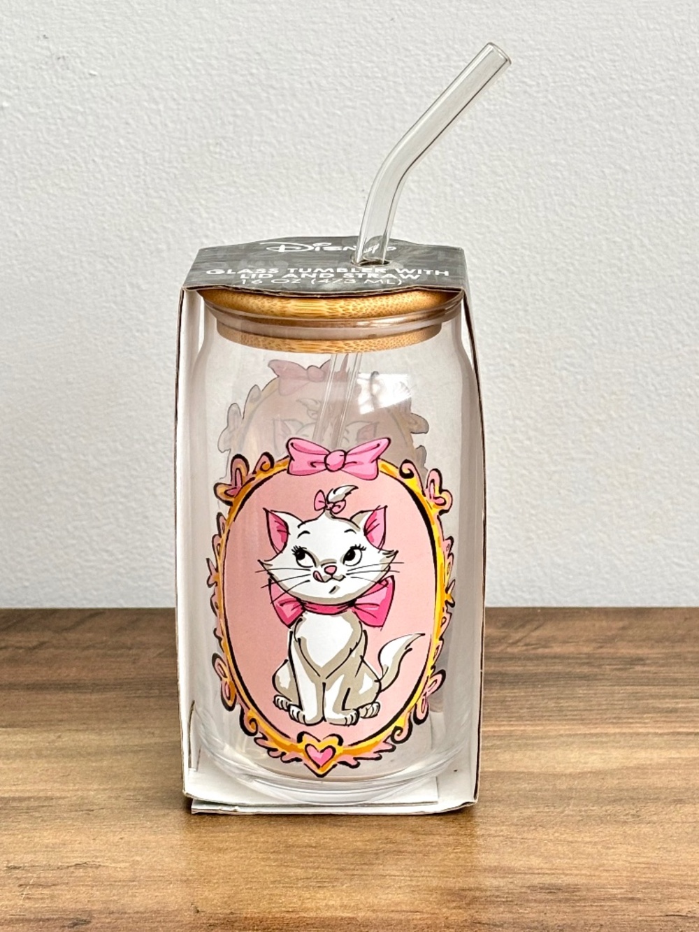 NEW Disney Aristocats Marie White Cat Glass Tumbler Straw Bamboo Lid Cup 16 oz